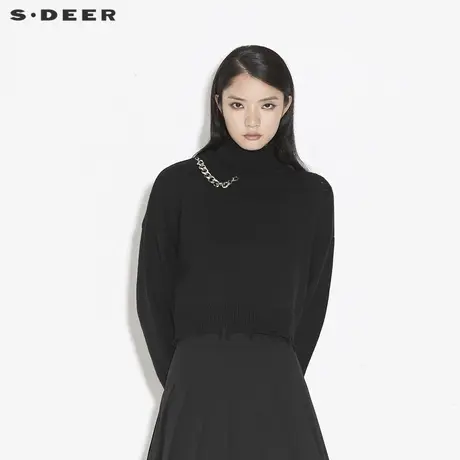 sdeer圣迪奥秋季新品高领破洞链条宽松针织衫毛衣女S21363529图片