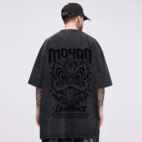 2025新款国潮醒狮t恤胖子男怀旧风做旧短袖潮牌宽松夏季大码半袖商品大图