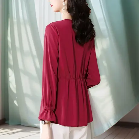 早春季雪纺衬衫女2025新款春秋长袖收腰大码别致上衣胖mm中年妈妈商品大图