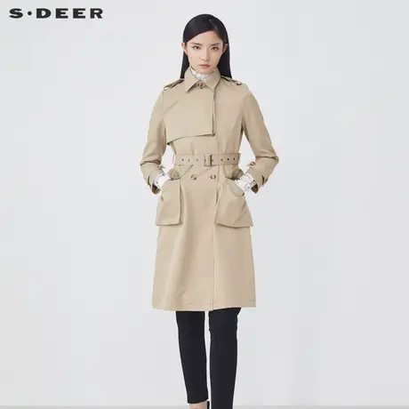 sdeer圣迪奥春秋装英伦风翻领双排扣收腰长款风衣S21381821图片
