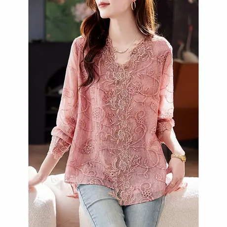宝诗黎V领蕾丝刺绣雪纺衫2025春季韩系气质宽松百搭减龄亮片衬衣商品大图