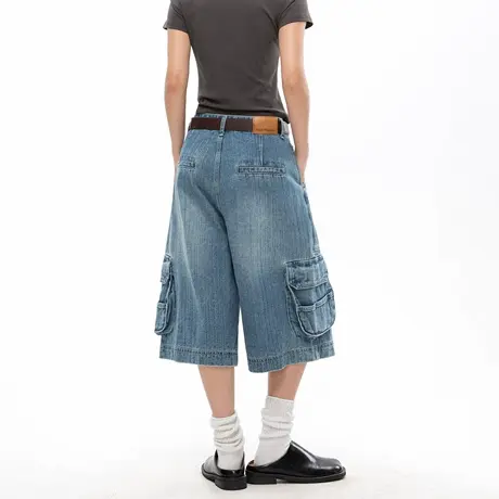 美式复古竹节纹牛仔工装七分裤女夏季新款多口袋做旧宽松阔腿裤商品大图