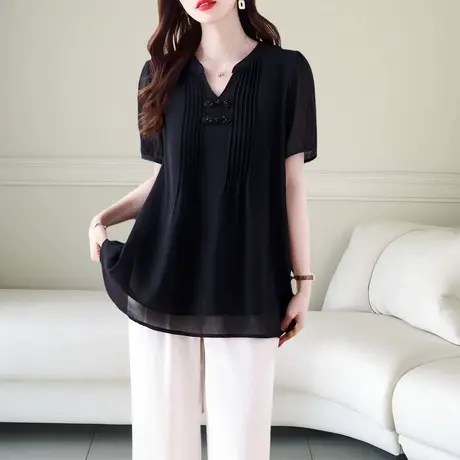 中长款大码雪纺衬衫女夏季新款短袖洋气妈妈上衣宽松遮肚子小衫商品大图