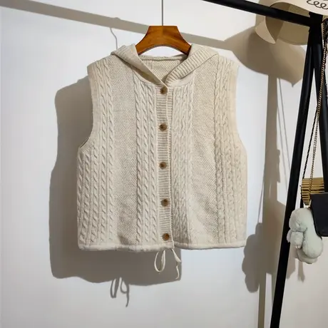 连帽针织马甲开衫女秋季新款韩版设计感小众无袖坎肩毛衣背心外套商品大图