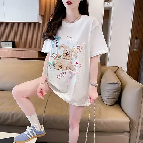 蝴蝶结短袖t恤女2025新款夏季韩版宽松大码设计感小众中长款上衣图片