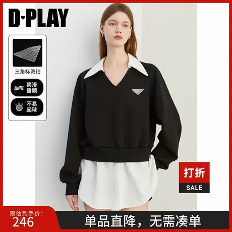 DPLAY2025春季气质新款黑色卫衣女撞色假两件宽松流行上衣长袖商品大图