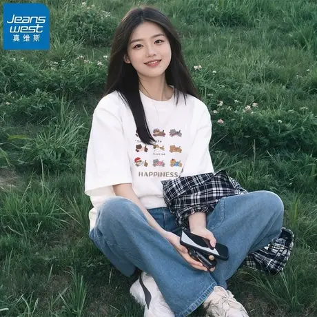 KHV真维斯正肩短袖t恤女2025夏季新款纯棉体恤小个子宽松大码上衣商品大图