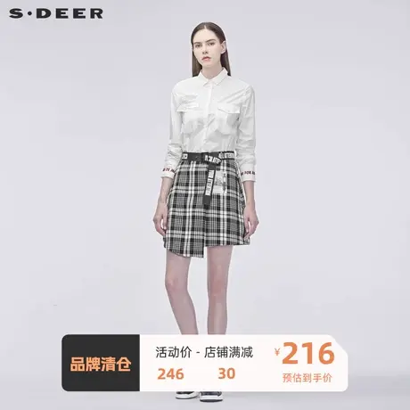 sdeer圣迪奥女翻领字母印胶撞色格纹两件套衬衫裙S19181206🏁商品大图