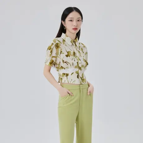 艾莱依盐缩柔软小衫女夏季新款轻薄垂顺感花苞绿小众宽松别致上衣商品大图