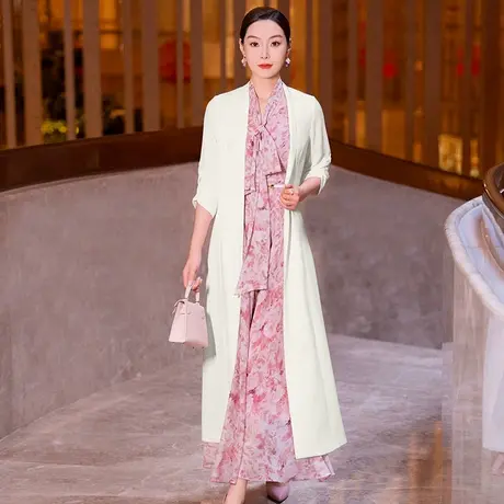 夏季薄款风衣女2025新款优雅气质时尚通勤百搭长款七分袖雪纺外搭商品大图