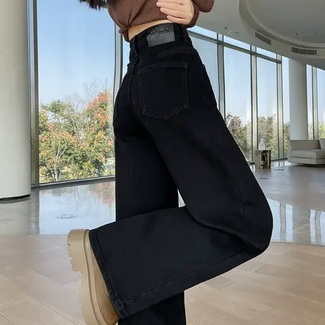 黑色阔腿牛仔裤女春秋2025新款高腰直筒宽松遮胯显瘦垂感拖地长裤商品大图