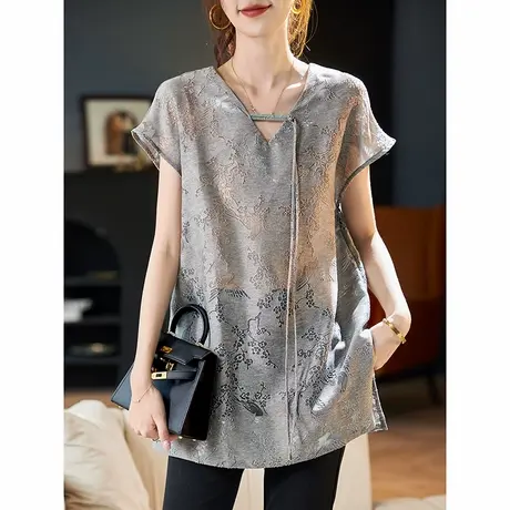 宝诗黎V领蝙蝠袖系带镂空T恤2025夏季新款气质高级感百搭休闲上衣商品大图