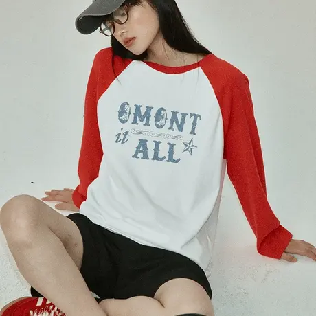 omont蛋挞家 复古插肩袖磨毛印花T恤秋圆领宽松休闲长袖上衣商品大图