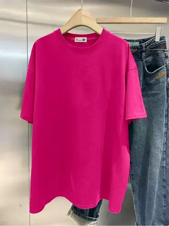 2025夏季新款纯色火龙果色纯棉t恤女短袖欧货宽松中长款圆领上衣商品大图