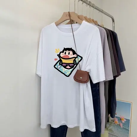 超火cec欧货正肩小新印花短袖t恤女ins潮慵懒风胖mm白上衣圆领衫商品大图