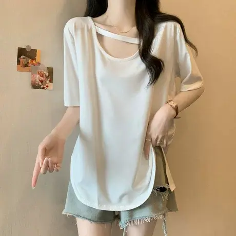 设计感小众短袖t恤女夏季韩版宽松大码女装胖mm中长款U领正肩上衣图片