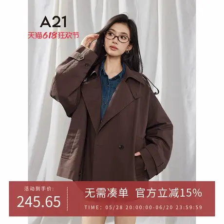 A21女装宽松风衣2025春季新款简约西装领肩章双排扣夹克长袖外套图片