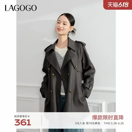 LAGOGO深灰色高级感风衣女拉谷谷2024年冬季新款西装领系带外套商品大图