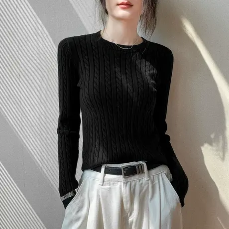 圆领绞花长袖针织上衣女2025秋季新款修身毛衣独特纯色内搭打底衫图片