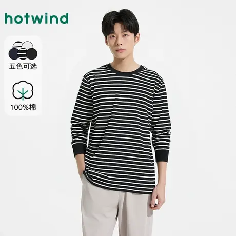 热风男士长袖T恤上衣2025年秋季新款基本款白色百搭条纹打底上衣商品大图
