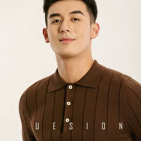 JUESION商务Polo毛衣男士修身翻领暗竖纹休闲翻领复古棕色针织衫图片