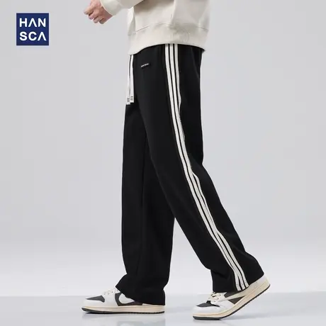 hansca美式条纹裤子男秋季黑色直筒宽松阔腿痞帅休闲大码运动长裤商品大图