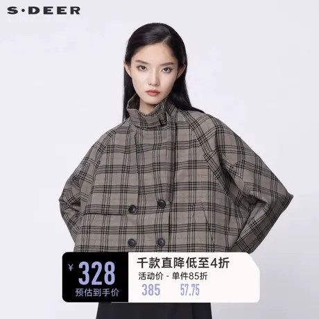 sdeer圣迪奥女装春秋装立领英伦撞色格纹双排扣外套女S21382206图片