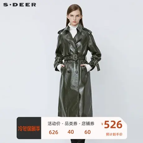 sdeer圣迪奥女装复古翻领收腰双排扣PU皮长款大衣S21481843图片