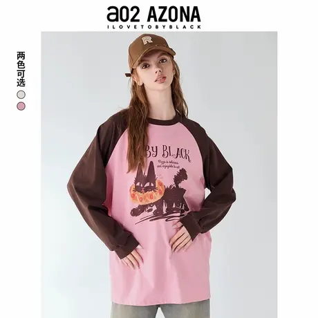 a02宽松条纹圆领长袖T恤女2025新款秋季印花设计感上衣潮牌上衣图片