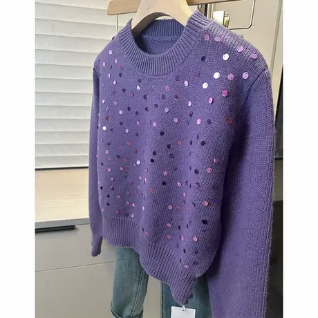 设计感亮片洋气圆领毛衣女2025年春装新款长袖套头针织衫女装上衣商品大图