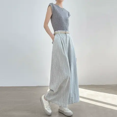 白灰色棉麻阔腿裤女夏季薄款高腰显瘦垂感九分小个子直筒休闲裤子商品大图