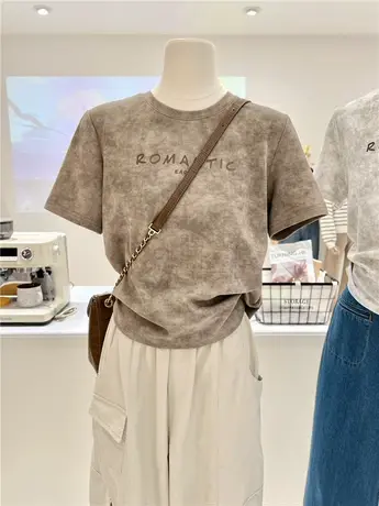 法式夏季气质字母小众设计感扎染褶皱显瘦短袖打底衫T恤女内搭tee商品大图