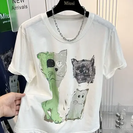 柔软透气雪花棉T恤女短款宽松2025超火猫咪印花减龄半袖上衣夏日图片