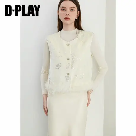 DPLAY2025年春季新中式圆领丝绒亮片马甲鸵鸟毛短款外套上衣女商品大图