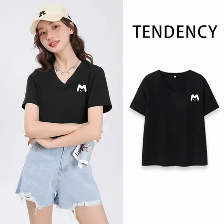 JR真维斯短袖T恤女2025新款V领正肩半袖宽松衣服时尚简约别致上衣商品大图