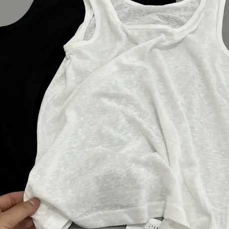 麻感棉CHAO强透气面料夏季推荐基础色背心无袖t恤上衣白色圆领女商品大图