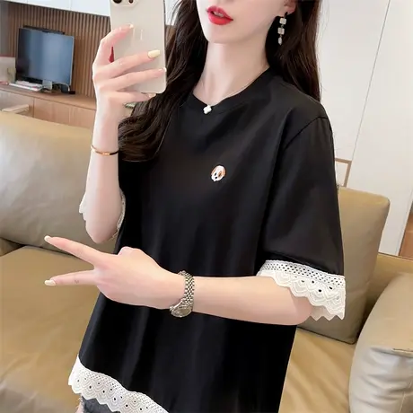 设计感小众短袖t恤女夏季韩版宽松大码女装蕾丝拼接假两件上衣服图片