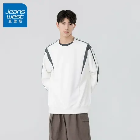 N5真维斯男士圆领卫衣2025秋季新款美式宽松时尚拼接男生春秋上衣商品大图