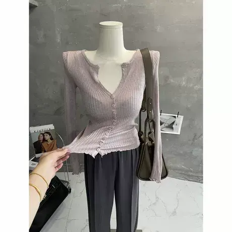 chao温柔~烟粉色微透薄款针织开衫长袖修身百搭木耳边上衣防晒衫图片