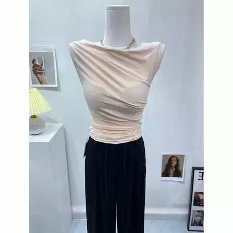 气质拿捏~薄款微透性感女人味无袖T恤上衣女修身收腰一字领上衣夏商品大图