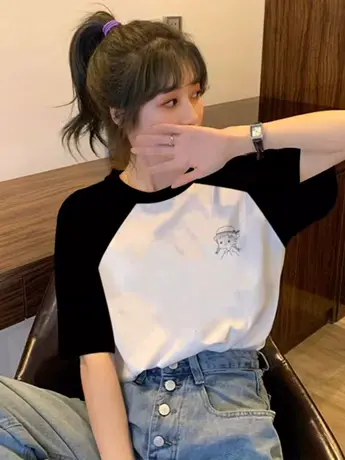 正肩仿棉短袖t恤女夏季薄款2023年新款宽松显瘦撞色拼接上衣夏款图片