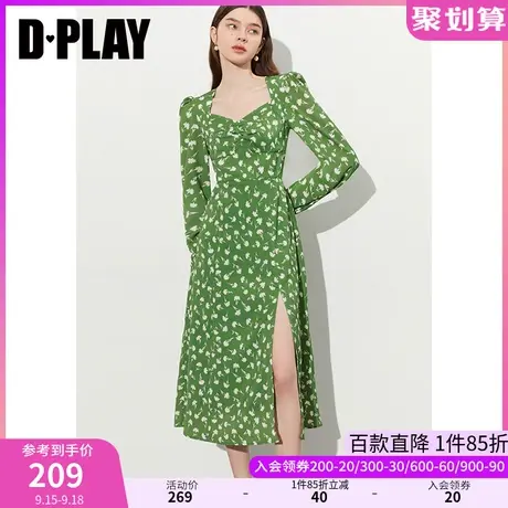 DPLAY2023秋法式复古宫廷领绿野仙踪印花裙侧开衩度假印花连衣裙图片