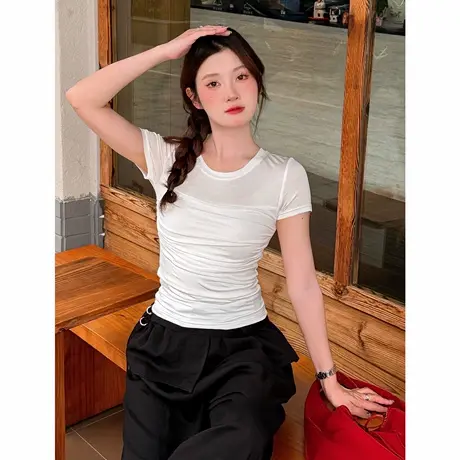 尔给夏季白色薄款透气T恤女显瘦百搭修身莱赛尔高弹正肩凉感上衣商品大图
