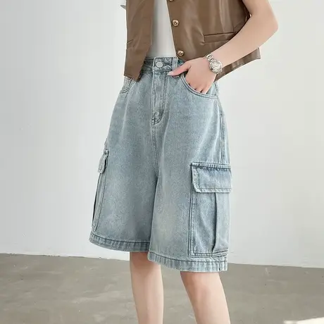 美式复古浅蓝色五分牛仔工装短裤女夏季薄款高腰宽松多口袋中裤潮商品大图