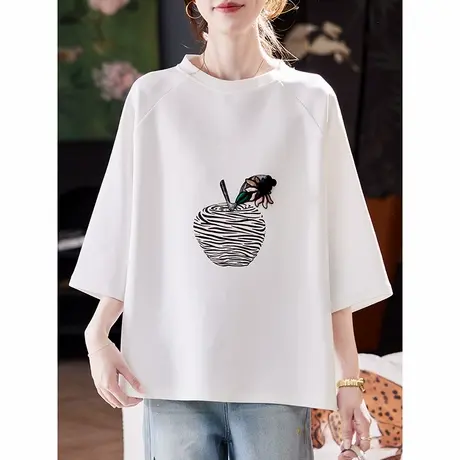 宝诗黎蝙蝠袖慵懒印花T恤2025夏季韩版简约休闲百搭宽松大码女装商品大图