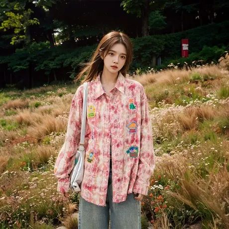 复古潮牌贴布绣格子衬衫女春秋2025年新款宽松上衣设计感长袖衬衣图片