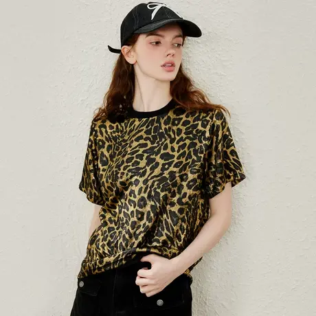 a02个性金钱豹纹设计个性小众宽松女式T恤夏季圆领短袖上衣商品大图