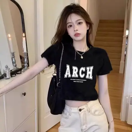 高街甜酷风小个子短款修身t恤女黑色夏季显瘦显高短袖设计感上衣商品大图