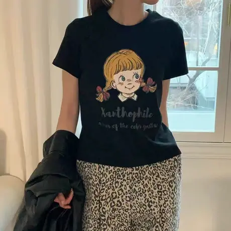 韩国东大门2025夏季卡通女孩字母印花圆领短袖T恤女百搭半袖上衣商品大图