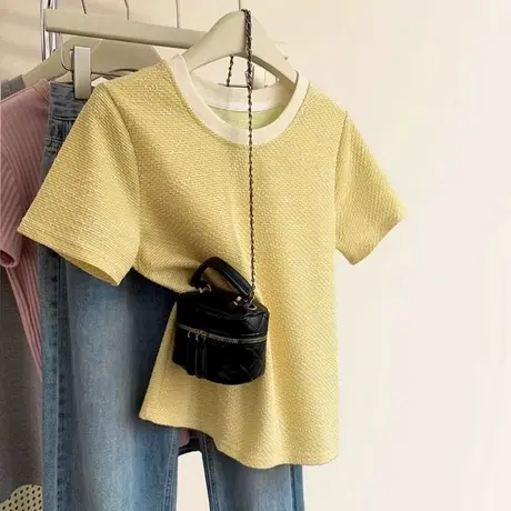 ins超火撞色圆领短袖T恤女夏季2025新款韩版宽松打底衫内搭上衣潮图片